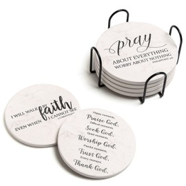 Hoomey Coasters for Drinks with Bible Verses, Set of 6 Absorbent Drinks Coasters with Holder Ceramic Drink Coaster with Cork Backing for Table Protection, Christian Coasters, Christian Gifts