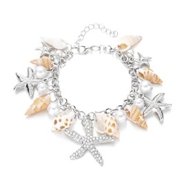 MMIUAEG Shell Starfish Bracelet Seahorse Conch Starfish Sea Shell Pearls Charm Stone Bracelet Statement Bohemian Sea Themed Beach Jewelry for Women (Silver)