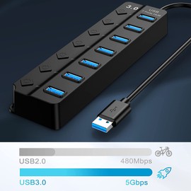 7Port USB Switch Hub, tunghey USB Splitter for Laptop,Multiport USB 3.0 Hub,Multi USB Port Expander,Fast Data Transfer 7 Port USB Hub Compatible with Windows PC, Mac, Printer, Mobile HDD