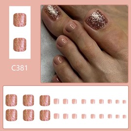 24Pcs Short Press on Toenails for Women, Square Shape Fake Toenails Full Cover False Toenails Glitter Design Cute Acrylic Toe Nails Reusable Stick on Toenails Summer Artificial Toenails