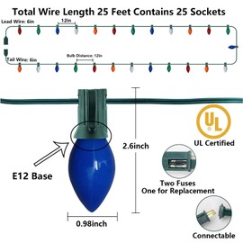 C7 Christmas Lights Outdoor, 25Ft Multicolor Christmas String Lights 25 Ceramic Colorful Bulb Lights, Vintage Christmas Lights for Outdoor Patio Holiday Wedding Party Christmas Decorations
