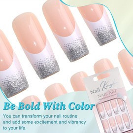 EternalClassic White French Tip Press on Nails Long Square Glitter Fake Nails Square, Glossy Acrylic Nails Press on 24pcs False Nail Tips Stick on Nails for Women