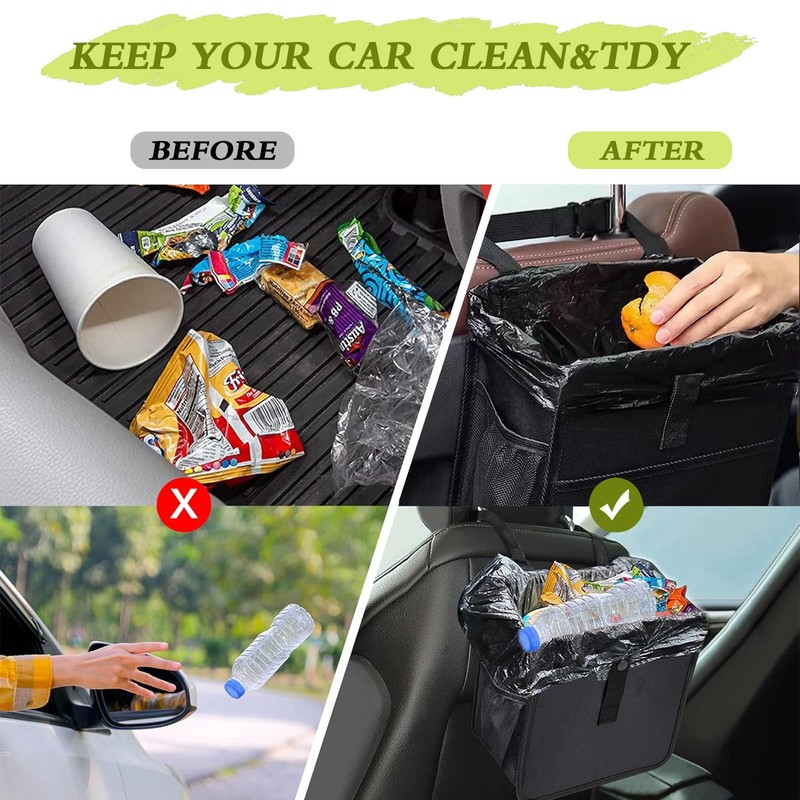 DECUIOCC Foldable Car Trash Can, Black Hanging Automotive Garbage Can