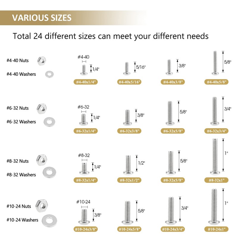 Kindroufly 722 Pieces #4-40#6-32#8-32#10-24, Phillips Pan Head Machine Screws Nuts