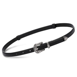 SUOSDEY Women Skinny Leather Belt, Adjustable Thin Waist Belt for Jeans Dresses Pants Western Belt Floral Buckle black