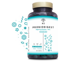 Probiotics, Prebiotics, Digestive Enzymes & Zinc. Probiotic with 60 Billion CFU - 30 Live Strains. Bacterial Cultures, Helps Immune System. with lactobacillus. 90 Capsules. CE. N2 Natural Nutrition…