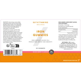 Myvitamins Iron Gummies – Vegan Iron Supplements with Folic Acid & B12 – Supports Energy, Cognitive Function & Immune Health – Mixed Berry Flavour – 60 Chewable Gummies (30-Day Supply)