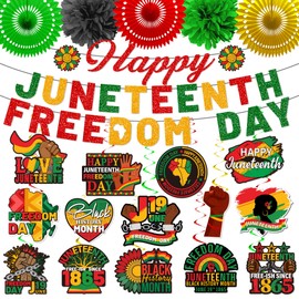Juneteenth Decorations Set, Pre-strung Glitter Happy Juneteenth Banner Freedom Day Banner, Juneteenth Fans Paper Poms Hanging Swirls, Juneteenth Decorations for Office Home Party