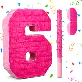Pink Number 6 Pinata for 6th Birthday Party Decorations, Perfect for 6th Birthday Party Supplies, Fiesta, Anniversary Celebration, Birthday Pinata with Stick, Blindfold (Large 16 x 11.8 x 3.2 Inches)