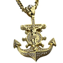 Bling Cartel Men's 18K Gold Plated Huge Mariners Cross Anchor Jesus Crucifix Pendant Chain 30" Cuban Necklace