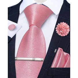 DiBanGu Mens Satin Tie with Lapel Pin Tie Clip Shiny Solid Color Necktie and Pocket Square Cufflinks Set for Wedding Party, Blush Pink