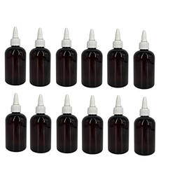 4 oz Amber Boston Plastic Bottles -12 Pack Empty Bottle Refillable - BPA Free - Essential Oils - Aromatherapy | White Twist Top Caps - Made in the USA - by Natural Farms