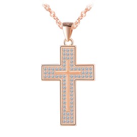 MOOFUN Cross Pendant Necklace for Women Men with Zirconia, 925 Sterling Silver Religions Faithful Necklaces, Fashion Sparkly Big Amulets Jewellery for Her Him Rosegold