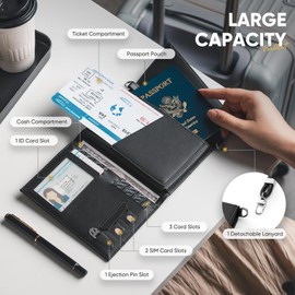 VULKIT Passport Holder Wallet for Travel, Travel Document Organiser RFID Blocking Leather Passport Card Cover Case Travel Essentials with Lanyard for Women