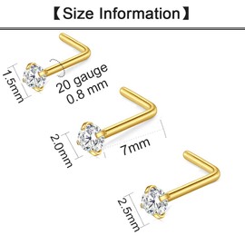 MODRSA Nose Studs 20g Nose Stud 20 Gauge Nose Piercing Stud Nose Ring Nose Screw Nose Bone Tiny Small Nose Stud Diamond Nose Jewelry Gold 1.5mm 2mm 2.5mm
