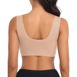 WOWENY Seamless Mesh Lace Bras for Women Wirefree Comfortable Padded Soft Back Smoothing Bra(Sleep Bra Nude(NO Support), Medium)