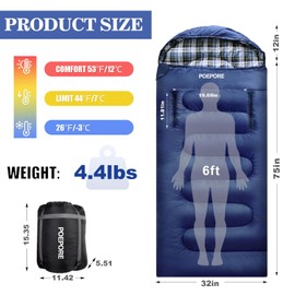 POEPORE Flannel Sleeping Bag Lightweight Warm Weather 3-4 Seasons for Adults XL Wearable Sleeping Bag Waterproof with Compression Sack Blue