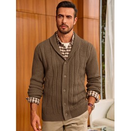 Runcati Mens Shawl Collar Cardigan Sweater Cable Knit Button Down Sweaters Long Sleeve Casual Winter Outwear Coffee