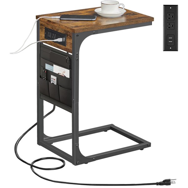TUTOTAK C Shaped End Table with Charging Station, Side Table