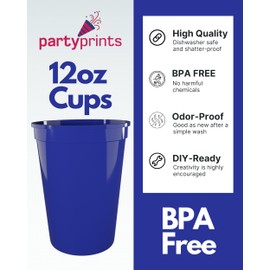 PartyPrints 100 Pack 10 to 12 Oz Royal Blue Reusable Blank Plastic Cups, Stadium Cups Bulk – BPA Free Dishwasher Safe Party Cups, Colored Cups Perfect for Party, Wedding, Birthday Graduation, Clubs