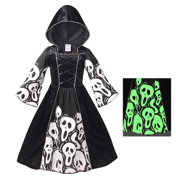 yolsun Skeleton Ghost Witch Costume for Girls, Glow in The Dark, Halloween Fearsome Costume(8-10 Years)