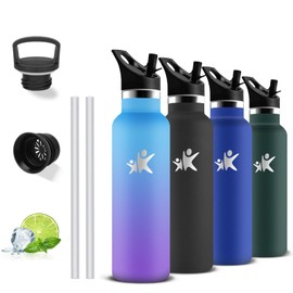 Trinkflasche Edelstahl- 0.5L- Thermosflasche, BPA-Frei, Wasserflasche mit Strohhalm, Doppelwandige Vakuumisolierte, Trinkflasche Auslaufsicher, Wasserflasche für Wandern, Fitness, Erwachsene, Camping