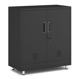 JINGUR Metal Storage Cabinet with Locking Doors and Adjustable Shelf, Small Lockable Sideboard Buffet Cabinet for Home Office Hallway Entryway Living Dining Room (Black)