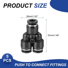 MECCANIXITY 1/4 Inch OD Y Shape Plastic Push to Connect Fittings 3 Ways Tube Connect Push Tube Fit Pneumatic Quick Fittings for Water Oil Gas Hose Pipe, Black Pack of 5