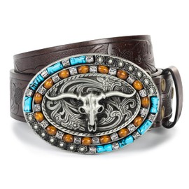 KorhLeoh Vintage Turquoise-Buckle-Engraved-Cowgirl-Belts Western-Longhorn-Bull-Embossed-Cowboy-Leather-Belts for Men Women