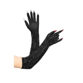 YUANTONG Long Black Sparkly Gloves with Rhinestone Embellishments Red Tips Nails Costume Accessory