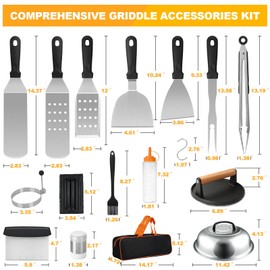 Terlulu Griddle Accessories Kit, Terlulu 29 PCS Flat Top Grill Accessories for Blackstone and Camp Chef, Metal Spatula Set with Burger Press, Melting Dome, Scraper, Tongs, Carry Bag for Outdoor Grilling BBQ