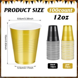 Hauwellter 100 Pcs Black and Gold Plastic Cups 12 oz, Bulk Gold and Black Disposable Party Graduation Cups for Graduation New Year Wedding Birthday Christmas Theme Party Supplies Decorations