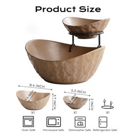 KOKUNKA 2 Tierd Fruit Bowl Set with Metal Stand Porcelain Fruit Basket for Kitchen Counter Fruit Holder Food Display Set for Party Fruit, Vegetable, Snack, Nuts, Brown