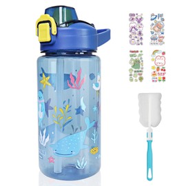 600ml Toddler Drinks Bottle Set, Kids Water Bottles with Straw, BPA Free, Leakproof Children's Bottle with Brush, Kids School Water Bottle for Girls Boys(Ocean)