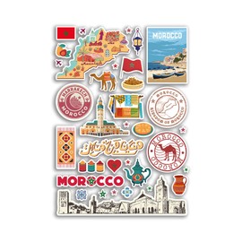 A4 Sticker Sheet Morocco Landmarks Vinyl Stickers - Moroccan City Map Airport Stamp Skyline Flag Travel Holiday Culture Aesthetic #79986