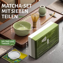 Premium Matcha Set Complete - 7-Piece Organic Tea Ceremony Accessories Including Bamboo Whisk, Ceramic Bowl & Strainer - Gift Box