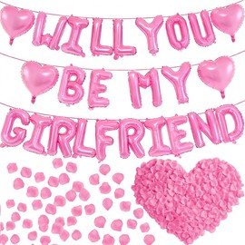 16 Inches Pink 'WILL YOU BE MY GIRLFRIEND' Proposal Letter Balloons with Heart-Shaped Foil Balloons and Rose Petals for Romantic Special Night Decorations, Engagements, Proposals, and Valentine's Day