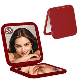 CYHTSHFZ Small Compact Mirror for Purse,5X/1X Travel Magnifying Mirror for Women, Makeup Mirror for Girls, Portable Ultra Slim Pocket Mirror（Red）