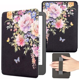 KEROM 6.8 Inch Kindle Paperwhite 11th Generation Case 2021 (Model Number: M2L3EK/M2L4EK), Lightweight PU Leather Protective Case with Wrist Strap and Auto Sleep/Wake, Flower Butterfly