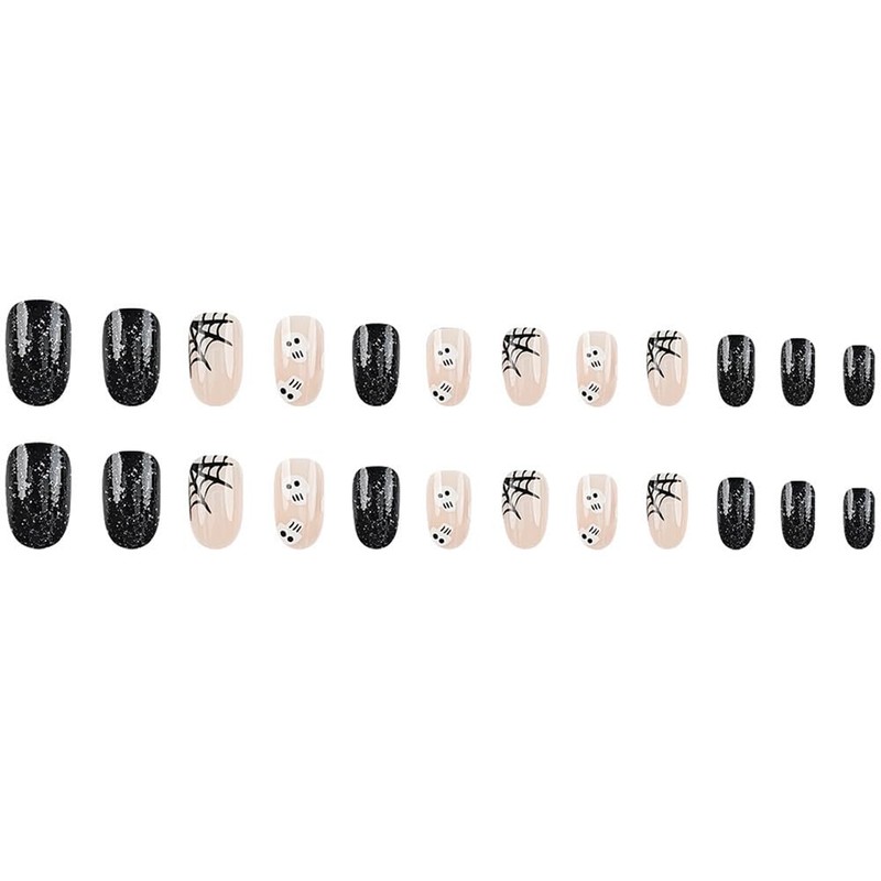 Carufin 24Pcs Black Spider Web False Nails Short Nails Ghost