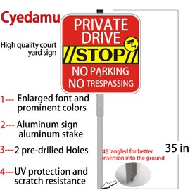 Private Drive Stop Sign with 36" Metal Stake, 12" x 12" No Parking No Trespassing Signs, Reflective Aluminum, Weather-Resistant,2Pack