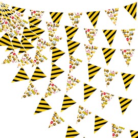 32Ft Construction Party Decorations Yellow Black Construction Themed Fabric Banner Triangle Pennant Flag Garland Streamers for Kids Dump Truck Birthday Excavator Tractor Baby Shower Decor Supplies