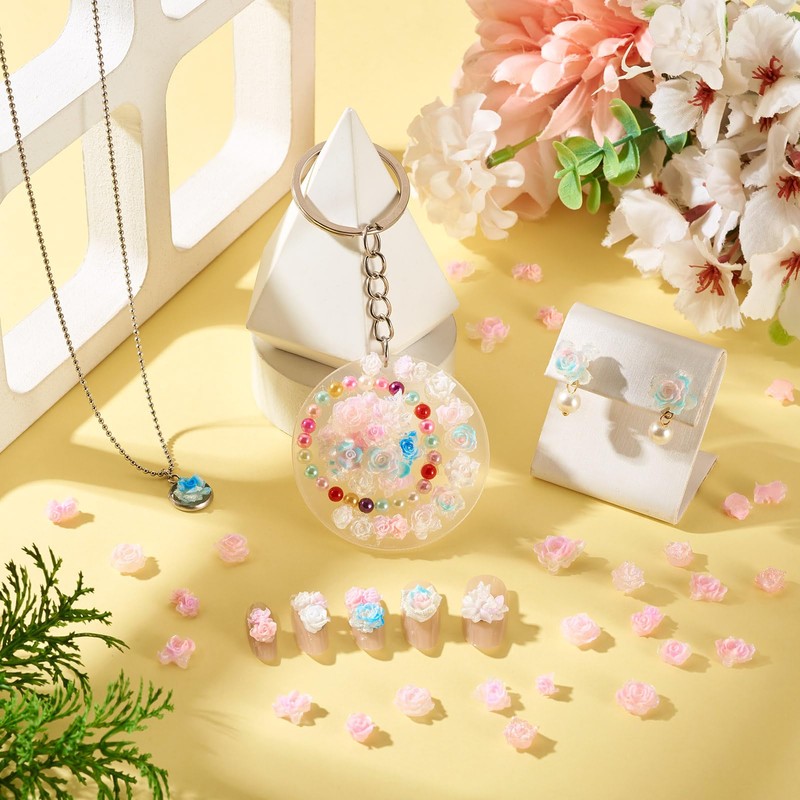200Pcs Mini Pink Flower Charms for Crafts 3D Rose Flower