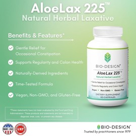 Bio-Design Aloe Lax 225 Natural Herbal Laxative - Gentle Relief for Occasional Constipation with 225mg Natural Aloe ferox - Supports Regularity and Colon Health - 60 Capsules