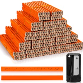 Honoson 200 Pcs Flat Construction Pencils with Printed Ruler Wood Graphite 2 Pcs Carpenter Pencil Sharpener for Woodworking Marking Tool(Orange)