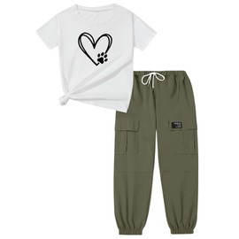 Xumplo Girls Outfits Tweens Short Sleeve Heart Shirts and Jogger Pants Set Kids 2Pcs Casual Clothes 7-8 Years