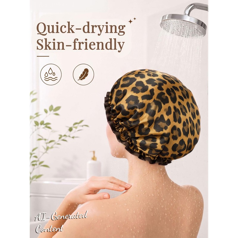 Leopard Satin-Lined Shower Cap for Girl Reusable Waterproof Women