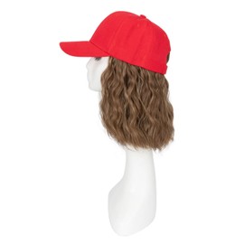TESS Red Baseball Cap with 8'' Short Wavy Synthetic Hair Extensions for Women and Girls - Adjustable & Breathable Wig Cap for Daily Use, Outdoor Activities