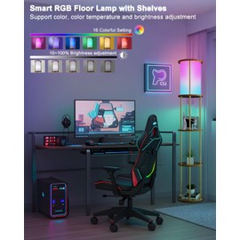 Lightdot 61" RGB Floor Lamp with Shelves - 3-Tier Storage Smart Remote Control Standing Lamp with Fabric Lampshade, E26 Bulb Included, Dimmable Floor Lamps for Living Room, Bedroom & Home Decor (Gold)