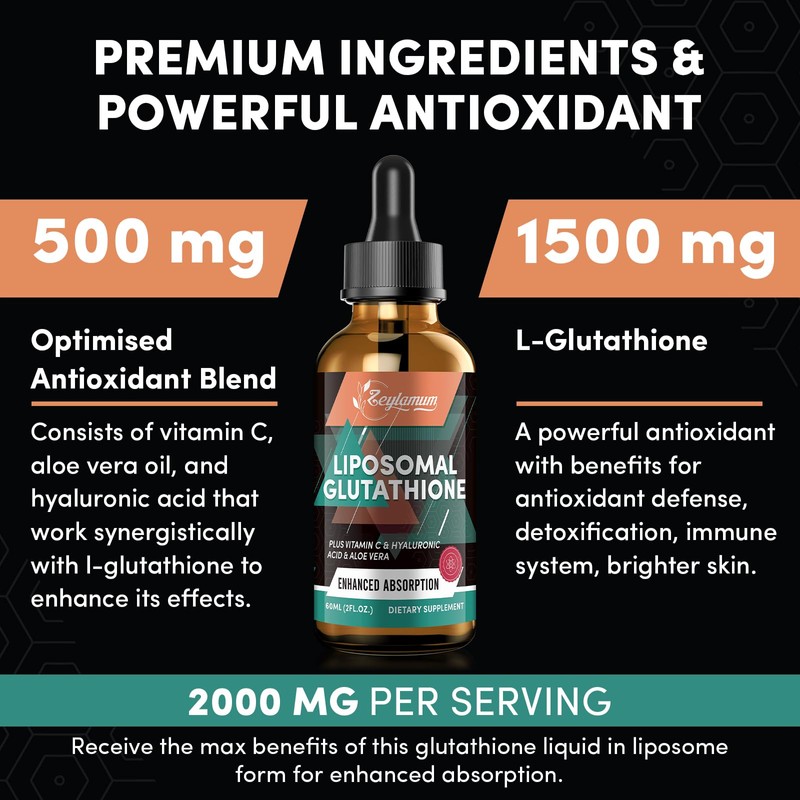 2000MG Liposomal Glutathione Liquid Drops, Ultra High Absorption, Natural Detoxification,